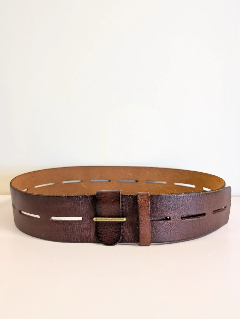 CAbi Here or There Belt 3298 Medium Brown Leather Wide Slotted Brass 45”